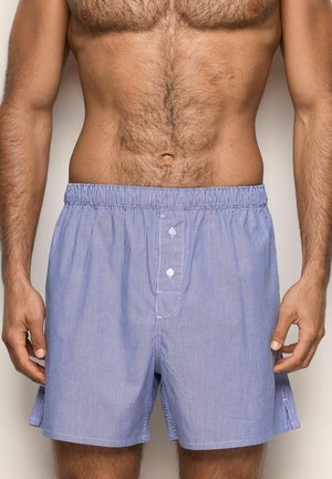 Männlicher Oberkörper, der blau-weiße dünn gestreifte Boxershorts trägt, mit zwei weißen Knöpfen an der Vorderseite, die Hände entspannt an den Seiten.