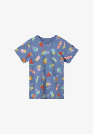 Blaues T-Shirt mit kurzen Ärmeln, das ein buntes Muster von Eis am Stiel und Eistüten in pink, grün, rot und gelb zeigt.