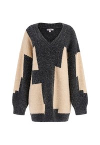 Pull surdimensionné en gris foncé et crème, avec un col en V, des manches longues et un motif géométrique en blocs de couleur dans un tissu tricoté texturé.