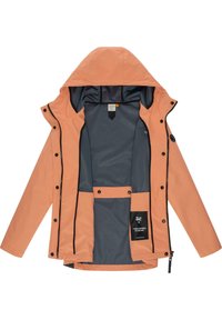Lightweight, coral-orange rain jacket with a grey interior, front zipper, and snap buttons. Features a hood and multiple interior pockets.
