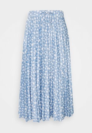 Jupe midi plissée en tissu bleu clair avec imprimé floral blanc, dotée d'un détail de ceinture à nouer et d'une silhouette fluide.