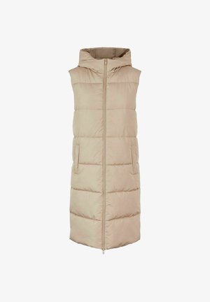 Beige Puffer-Weste mit Kapuze, durchgehendem Reißverschluss, zwei Fronttaschen und gestepptem Design. Glatte Textur und lockere Passform.