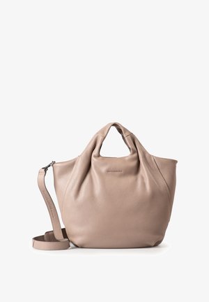 Soft taupe leather handbag with gathered top handles and a detachable shoulder strap, branded with subtle embossed text.