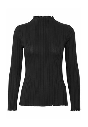 Zwart langarmtop gemaakt van ribbelstof. Heeft een hoge, ruches halslijn en licht uitlopende mouwen, met een gestructureerd patroon.