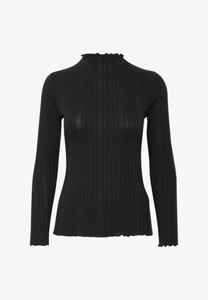 Zwart langarmtop gemaakt van ribbelstof. Heeft een hoge, ruches halslijn en licht uitlopende mouwen, met een gestructureerd patroon.