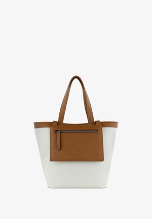Borsa tote in tela bianca con dettagli in pelle marrone. Presenta due manici corti e una tasca frontale con cerniera per riporre oggetti.