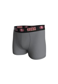 Boxer briefs grises con una cinturilla negra que presenta "49ERS" y el logo en rojo. Textura suave, diseño ajustado y longitud de pierna corta.