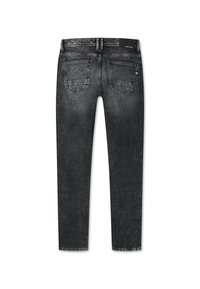 Slim-fit zwarte jeans met een vervaagde afwerking, met twee achterzakken en een label op de tailleband. De stof heeft een licht gestructureerd oppervlak.