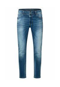 Blauwe denim jeans met een vervaagde afwerking, met een recht gesneden ontwerp, knoopsluiting en vier zakken. Merklabel zichtbaar op de tailleband.
