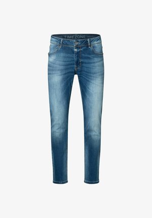 Blaue Jeans aus Denim mit einem verwaschenen Finish, geradem Beinschnitt, Knopfverschluss und vier Taschen. Markenlabel sichtbar am Bund.