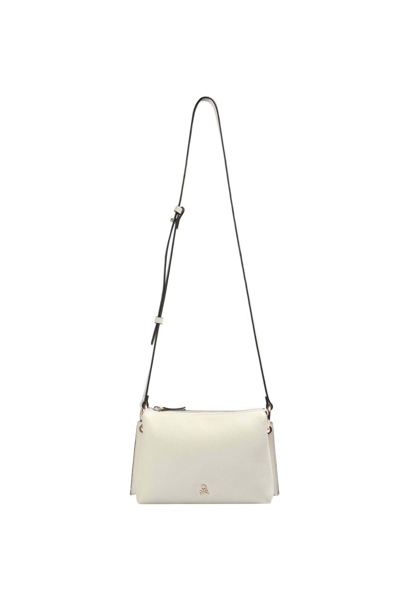Cream leather crossbody bag with a zip closure, adjustable black strap, and gold logo accent. Smooth texture and compact rectangular shape.