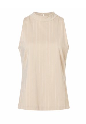 Mouwloze beige blouse met witte verticale krijtstrepen, hoge kraag en een knoopsluiting aan de achterkant.
