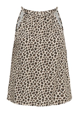 Bež suknja s crnim i smeđim uzorkom leoparda, elastičnim pojasom i suptilnim bočnim panelima u sličnom uzorku.