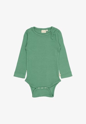 Ilga rankovė, raibotas kūdikių bodis švelnios žalios spalvos. Sukurtas su snapo užtrauktukais apačioje ir apvaliu kaklu su šoniniais surišimo detalėmis.