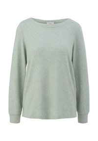 Pull vert clair à manches longues et col rond, avec poignets côtelés, design simple et texture de tissu douce.