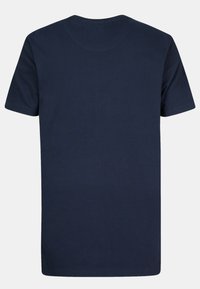 Mørkeblå t-shirt med korte ærmer, lavet af bomuld, med en klassisk rund hals og en glat, ensartet overflade uden synlige udsmykninger.