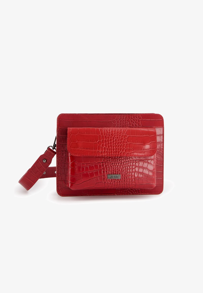 Red faux crocodile leather bag with a detachable strap, zip closure, and a front flap pocket. Notable embossed texture and logo detail.