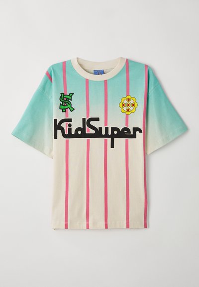 Short-sleeve t-shirt in cream, featuring aqua and pink stripes; "KidSuper" logo in black, with floral and dollar sign embellishments.