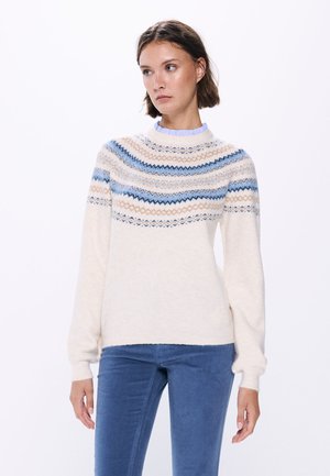 Maglione color crema realizzato in materiale a maglia, caratterizzato da un motivo fair isle in blu e beige, con scollatura rotonda e maniche lunghe.