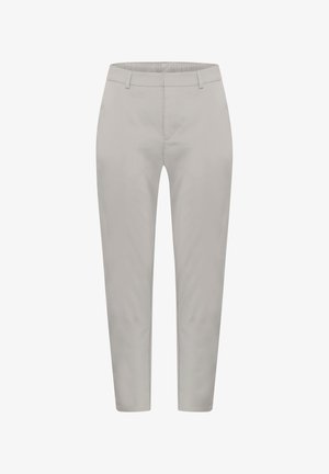 Lys grå bukser med slim-fit design, lavet af glat stof. Har bæltestropper og sidelommer, med en tætsiddende ankel.