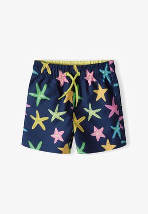 Maillots de bain bleu marine avec un motif d'étoiles de mer répétées en rose, jaune, vert et bleu ; taille élastique avec un cordon de serrage jaune.