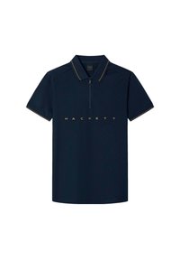 Polo shirt de color navy con cuello con cremallera, costuras amarillas y el logo "HACKETT" en dorado en el frente. Mangas cortas y tejido ligero.