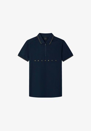 Marineblaues Poloshirt mit Reißverschlusskragen, gelb genäht und mit dem goldenen "HACKETT"-Logo auf der Vorderseite. Kurze Ärmel und leichtes Gewebe.