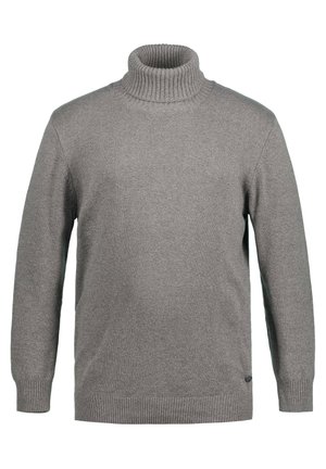 Grå turtleneck sweater lavet af blødt stof. Har ribbet krave, manchetter og bund. Simpelt design uden synlige mønstre eller accenter.