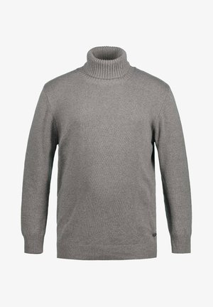 Gray turtleneck sweater made of soft fabric. Features ribbed collar, cuffs, and hem. Simple design with no visible patterns or accents.