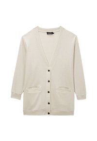 Cardigan crème en tissu texturé, avec un col en V, des manches longues, des poches avant et des boutons noirs au centre.