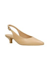 Scarpe slingback in pelle beige con punta appuntita e tacco quadrato basso. Presentano una fascia regolabile e una texture liscia.