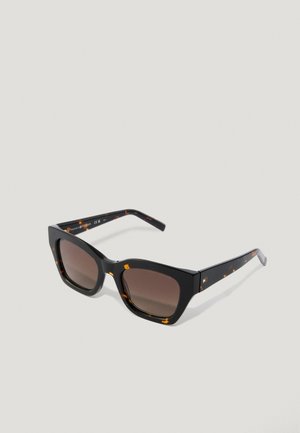 Rectangular tortoiseshell sunglasses with dark gradient lenses and subtle Tommy Hilfiger logo on the temple.