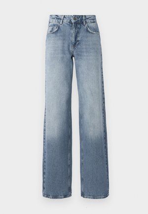 Široké modré džíny z denimu se světlým praním, zapínání na zip, design s pěti kapsami a jemné vyblednutí u kotníků.