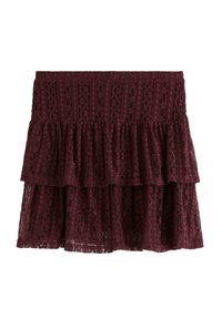 Bordeaux kanten rok met gelaagde ruffles, intrigerende patronen en een gestructureerde stof. Elastische tailleband voor een verstelbare pasvorm.