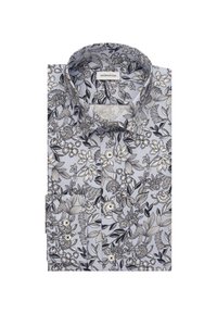 Blauwe bloemeneffen knopshirt met een gedetailleerd zwart-wit bloemenpatroon, gestructureerde kraag, klassieke knopen en lange mouwen.