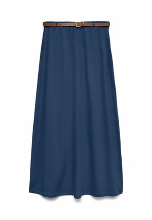 Gonna lunga blu navy con vita arricciata e sottile cintura in pelle marrone con fibbia dorata, mostrata piatta su sfondo bianco.