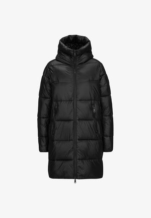 Zwarte donsjas met een ritssluiting aan de voorkant, gewatteerde delen, een hoge kraag en een capuchon. Voorzien van ritssluitingen aan de zijkanten en een glanzende, gladde textuur.