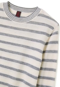 Pull rayé dans des nuances de crème et de gris, fabriqué en tissu doux. Dispose d'un col côtelé et de rayures horizontales contrastées.
