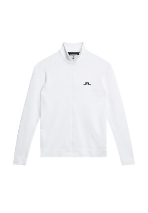 White zip-up jacket with a high collar, textured panels on sleeves, and a small black logo on the chest. Smooth fabric, athletic fit.