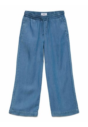Lyseblå denimbukser med vide ben, elastik i taljen og snøre, forlommer samt synligt mærke indeni taljebåndet.