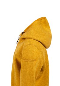 Gul texturerad hoodie med dragkedja fram, fodrad huva och broderade detaljer på ärmen. Har dragsko och kenguruficka.