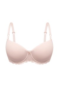 Jasnoróżowy biustonosz z wypełnieniem, wykończony koronką, z regulowanymi ramiączkami i wklęsłym akcentem w kolorze różowego złota na środku przodu. Gładka tekstura materiału.
