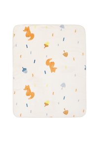 Fleece-Decke mit einem cremefarbenen Grund, die orangefarbene Füchse, Eicheln und blaue Pilzmuster zeigt. Weiche Textur und rechteckige Form.