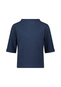 Granatowa bluzka z teksturowanym, wzorzystym designem, z okrągłym dekoltem i krótkimi rękawami z podwiniętymi mankietami. Wykonana z miękkiego materiału.