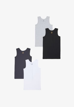 Vier Baumwoll-Trägertops: grau, weiß, schwarz und dunkelgrau. Jedes verfügt über einen Rundhalsausschnitt und breite Träger und hat eine glatte Textur.