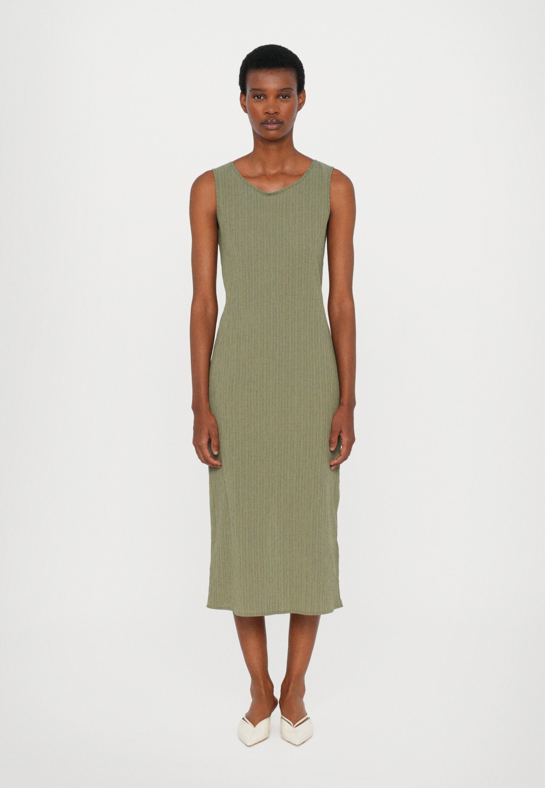 strapless open back dress Women's Green Ribbed Drawstring Midi Dress