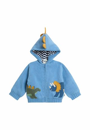 Hellblauer Reißverschluss-Hoodie mit einem Dinosaurier-Motiv. Verfügt über ein gestreiftes Innenfutter, Stacheln an der Kapuze und aufgenähte Dinosaurier an den Seiten.