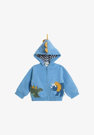 Svetlomodrá zipsová bunda s dizajnom tematizovaným dinosaurami. Má pruhované vnútorné podšívky, ostne na kapucni a aplikované dinosaury po stranách.