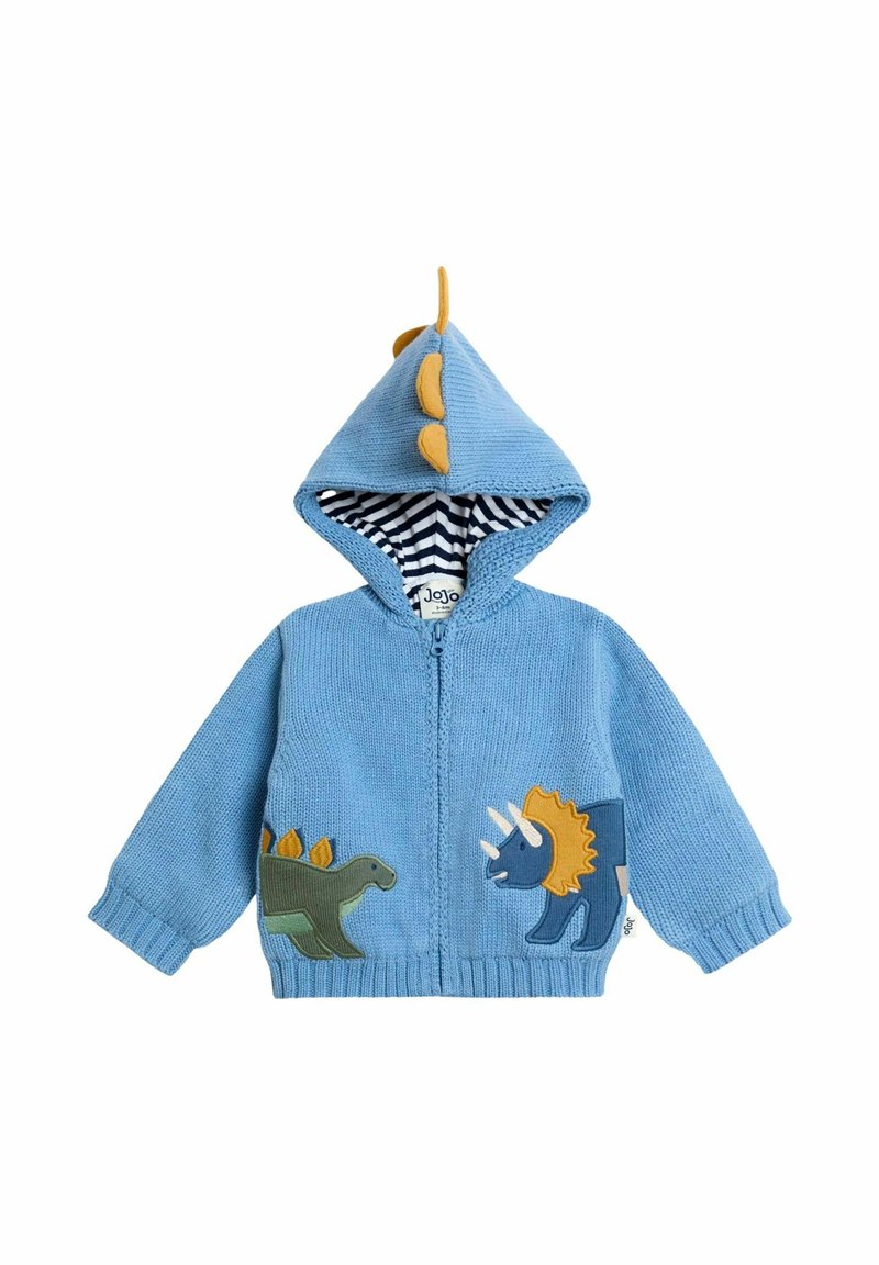 Šviesiai mėlyna zip-up gobtuvė su dinozaurų tema. Turtingas dryžuotas vidinis pamušalas, smaigaliai ant gobtuvo ir aplikacijos dinozaurų šonuose.
