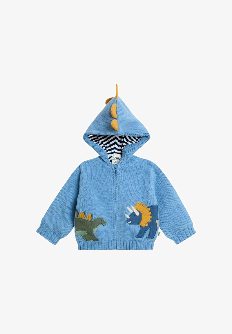 Šviesiai mėlyna zip-up gobtuvė su dinozaurų tema. Turtingas dryžuotas vidinis pamušalas, smaigaliai ant gobtuvo ir aplikacijos dinozaurų šonuose.